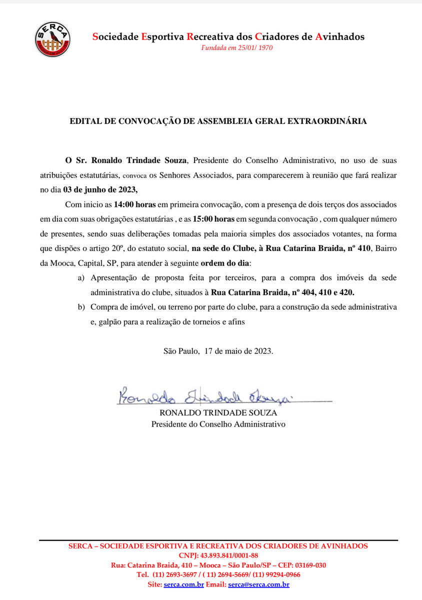 SERCA - CONVOCAÇÃO ASSEMBLÉIA GERAL EXTRAORDINÁRIA 03/06/2023
