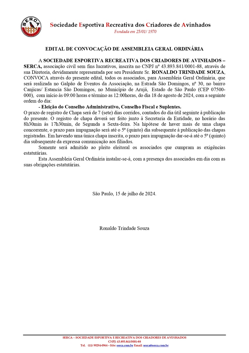 SERCA - CONVOCAÇÃO ASSEMBLÉIA - 18/08/2024 - ELEIÇÕES 2024/2026