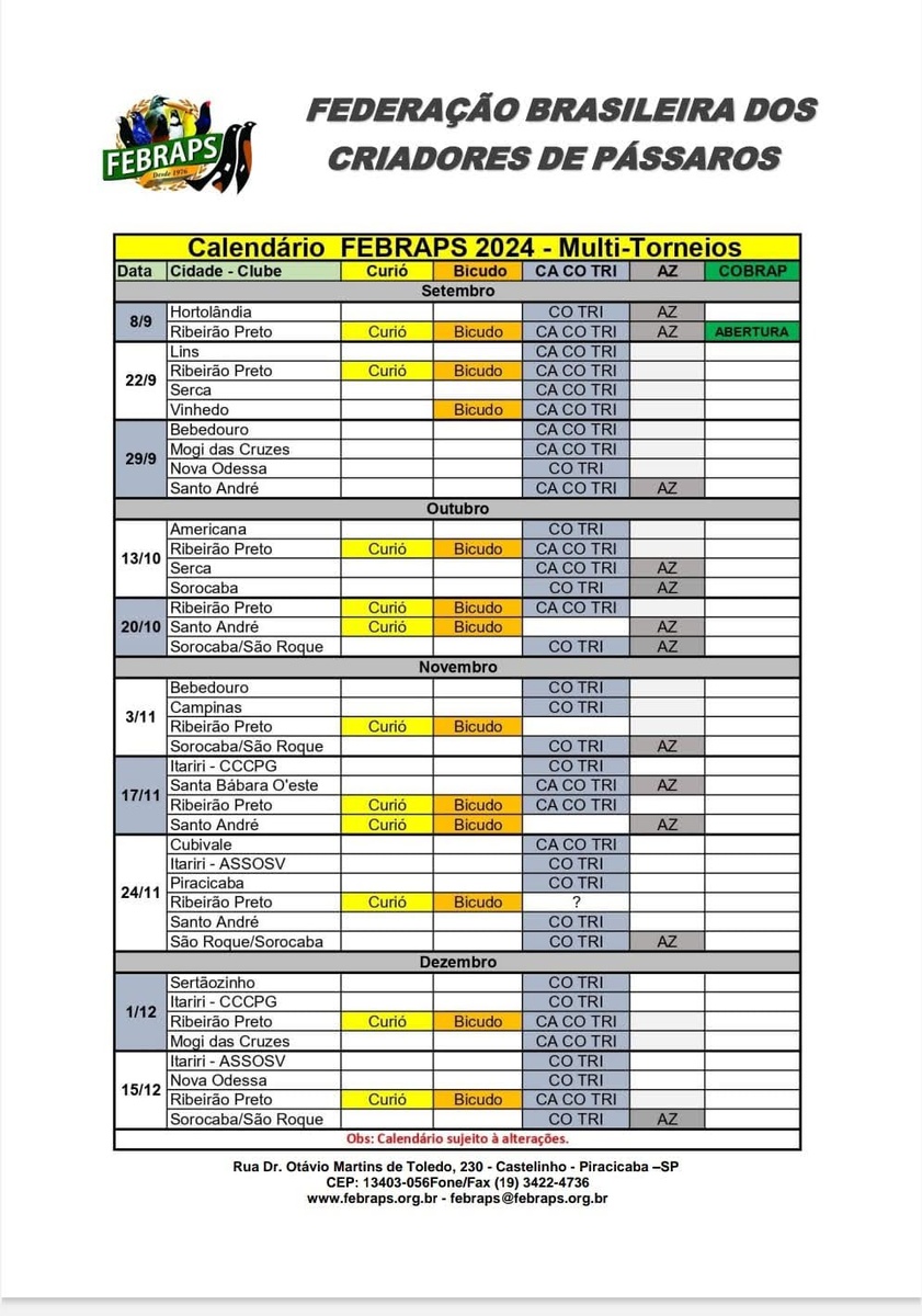 Calendario Febraps multi torneios
