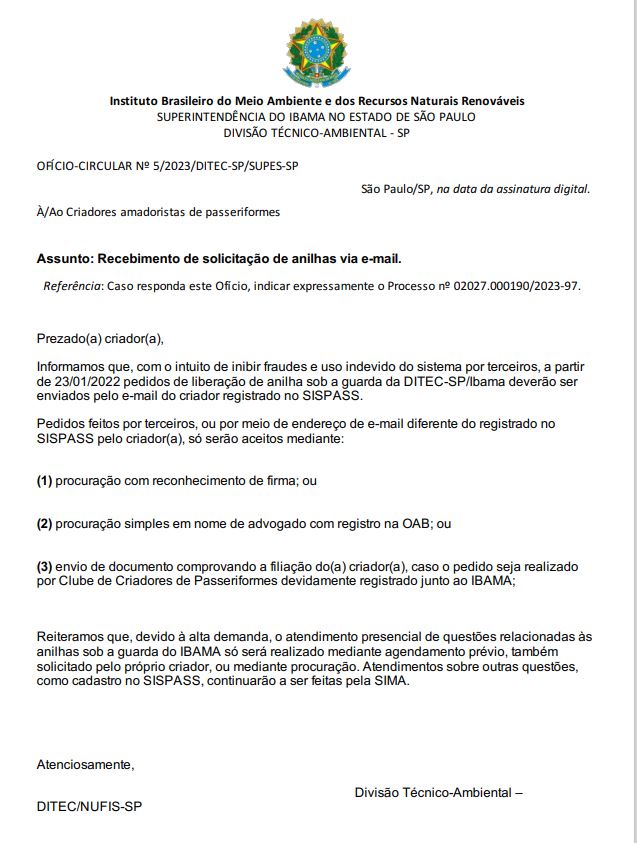 Anilhas retidas no Ibama